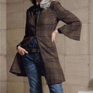 CAbi 3902 Navy & Brown Tartan Plaid Flounce Full Zip Blazer Jacket sz m